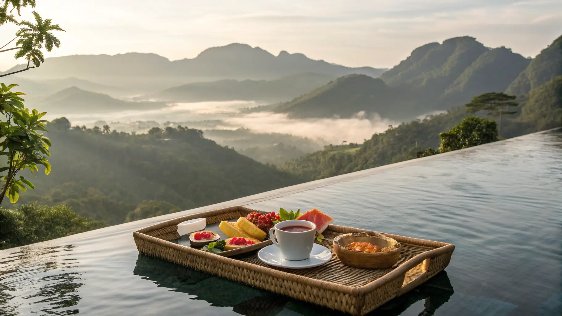 Floating breakfast tray in infinity pool | Flores Luxury Living