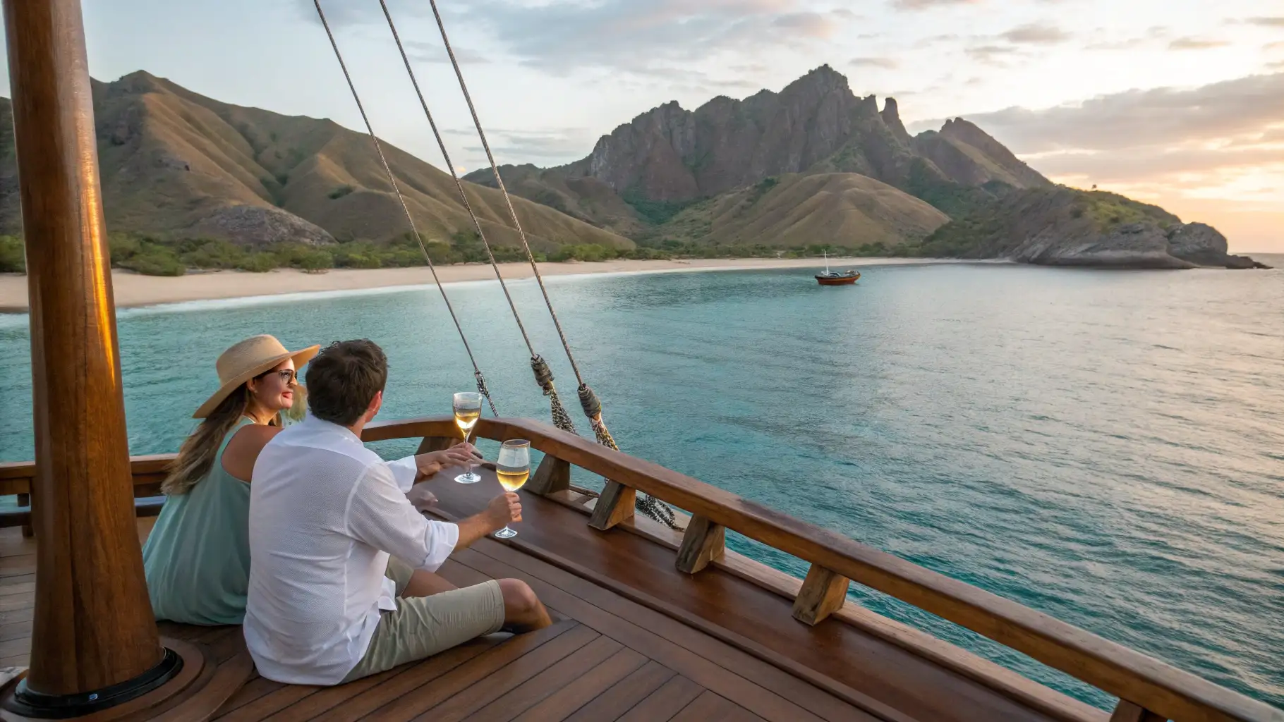 Luxury wooden phinisi yacht anchored near Padar Island | Flores Luxury Living