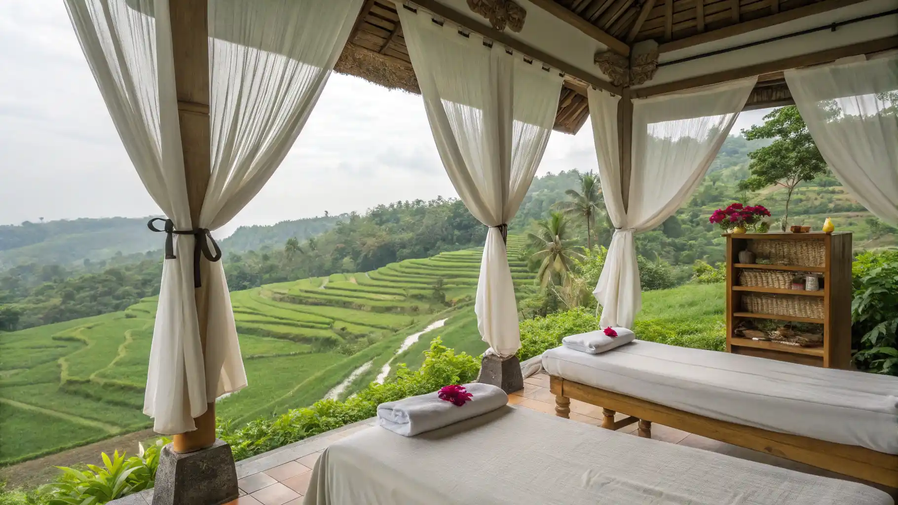 Open-air spa pavilion with massage beds | Flores Luxury Living