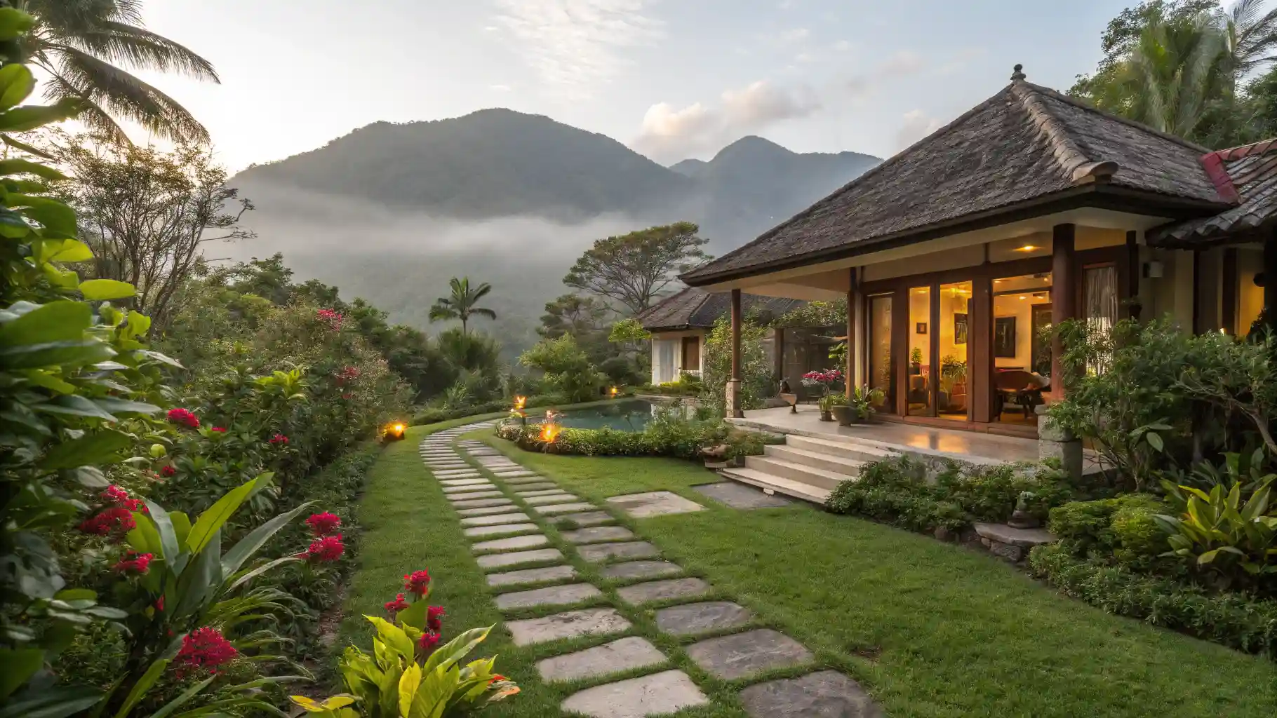 Private pool villa surrounded by lush tropical garden in Flores