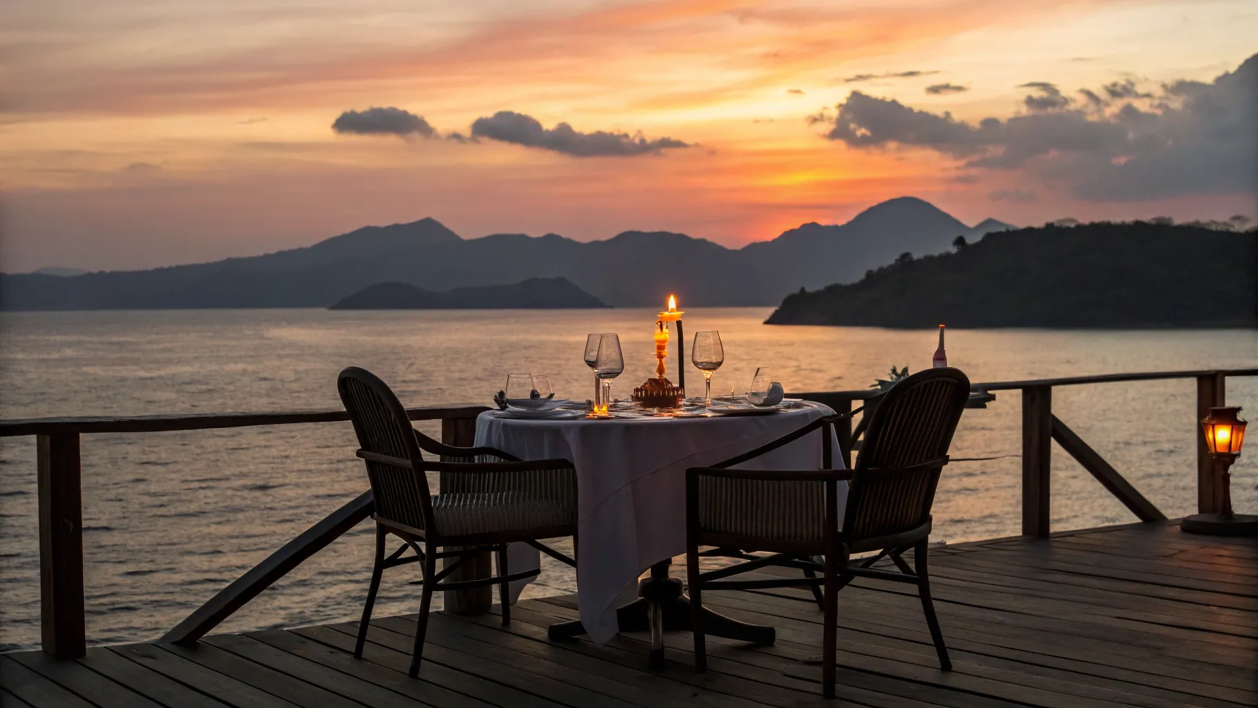 Romantic outdoor dining setup on wooden deck | Flores Luxury Living