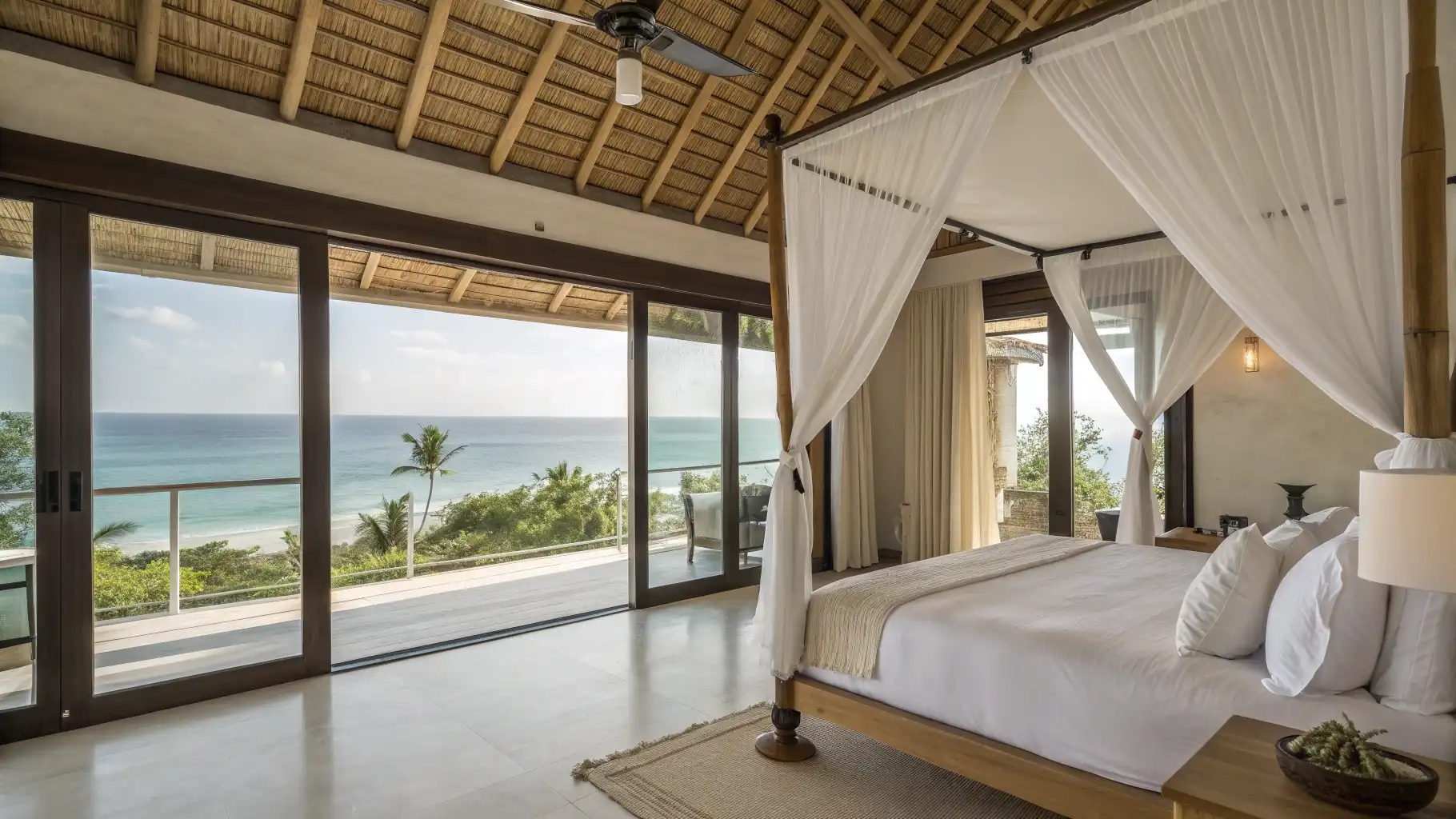 Spacious resort bedroom with canopy bed | Flores Luxury Living