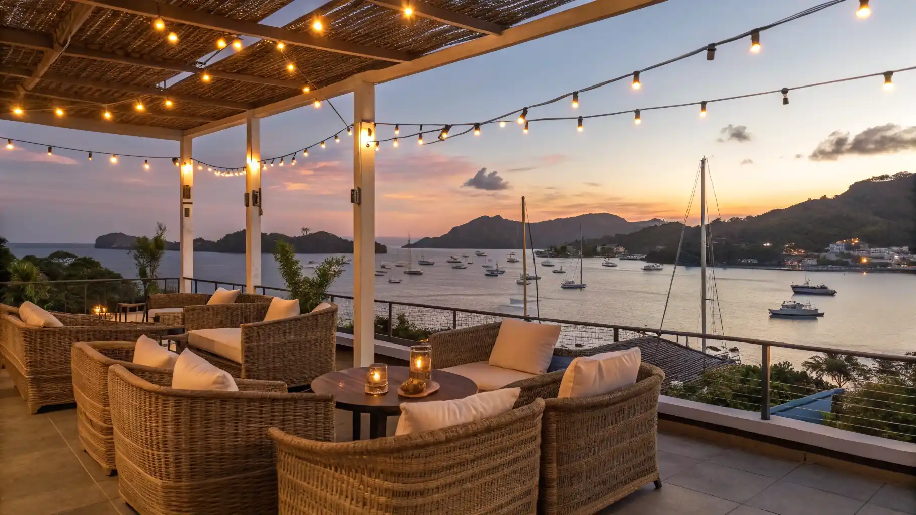 Stylish rooftop lounge bar at boutique hotel in Labuan Bajo